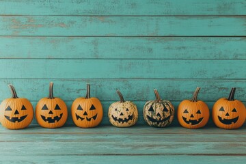 Festive Halloween pumpkins on rustic turquoise wooden background