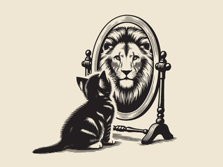 Kitten seeing a lion in mirror reflection. Vintage retro engraving illustration. Black icon, isolated element  © Victoria