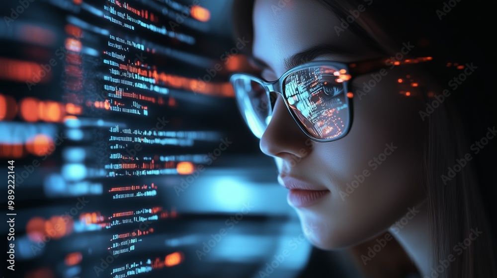 Poster a focused individual examines code on a computer screen, immersed in a tech-driven environment, high