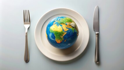 Earth globe served on a plate with fork and knife symbolizing global warming and climate change