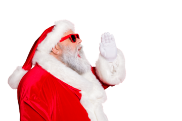 Profile side photo of funny santa claus screaming promotion newyear resolution wearing eyeglasses eyewear bright hat isolated over red background