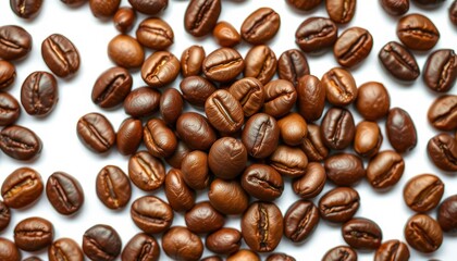 Hyper-Realistic Image of Coffee Beans: Glossy, Richly Detailed, and Centered on a Clean White Background