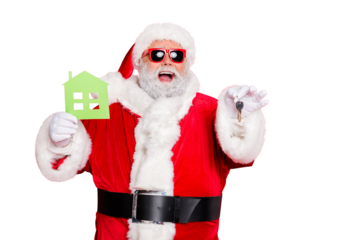 Photo of screaming funky ecstatic grand father congratulating you with buying new apartment giving door key wearing fur coat cuffs gloves cap belt isolated bright background