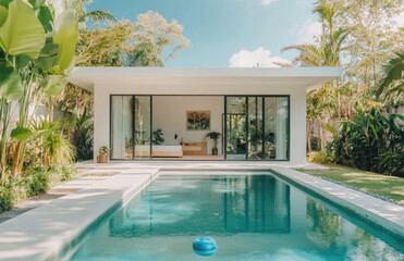 Fototapeta premium Modern bungalow with a swimming pool, featuring white walls and glass doors overlooking the garden. 