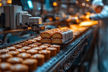 Fototapeta premium Automated Bakery Production Line with Cookies on Conveyor Belt