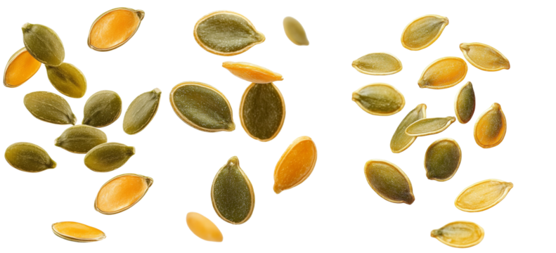 Falling Pumpkin seed, isolated on white background, clipping path, full depth of field