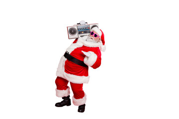 Full size photo of cool old stylish trendy santa claus in eyewear eyeglasses dancing holding audio sound cassette isolated over red background