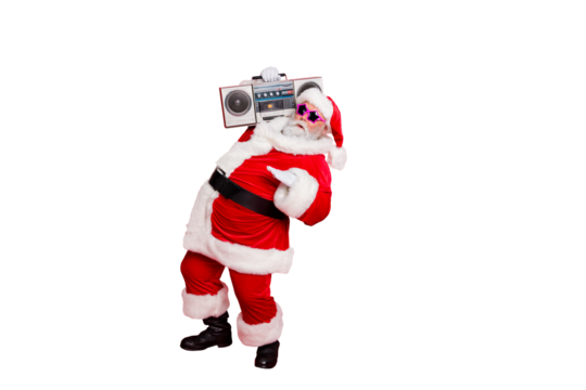 Full size photo of cool old stylish trendy santa claus in eyewear eyeglasses dancing holding audio sound cassette isolated over red background