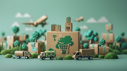 Modern card focused on the future of sustainable ecommerce featuring a spacious blank area on the lower center surrounded by subtle 3D illustrations of ecofriendly packaging and green logistics