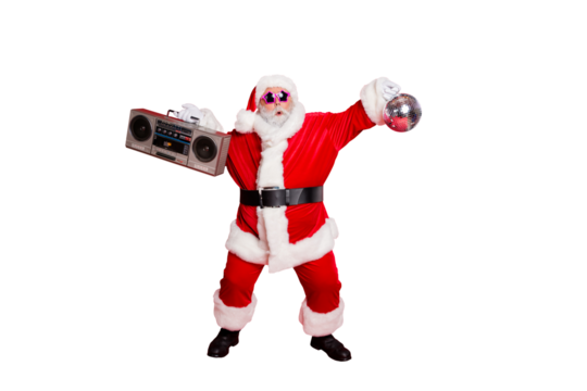 Full body photo of carefree careless fooling mad wild star dancer dancing having fun cool santa grandfather enjoying vacation time isolated bright background