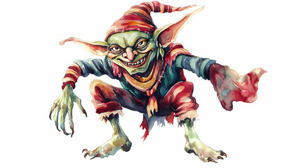 Fototapeta premium Playful goblin character clipart, halloween element, watercolor illustration, crisp lines, small and mischievous, isolated on white background. Goblin. Illustration