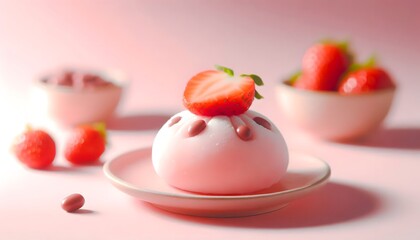 Japanese Mochi with Strawberry and Chocolate Topping on Pink Background