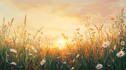 Fototapeta premium Tranquil Sunset Scene Tall Grass and Wildflowers Bathed in Golden Light
