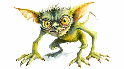Fototapeta premium Playful goblin character clipart, halloween element, watercolor illustration, crisp lines, small and mischievous, isolated on white background. Goblin. Illustration
