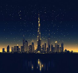 Obraz premium A stunning skyline at night showcasing tall buildings illuminated against a dark sky with reflections in still water