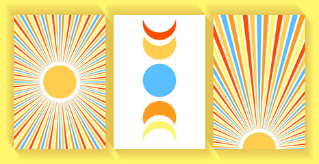 Sun with long beam rays, moon phases vector illustration. Contemporary sun ans moon landscape cards set.