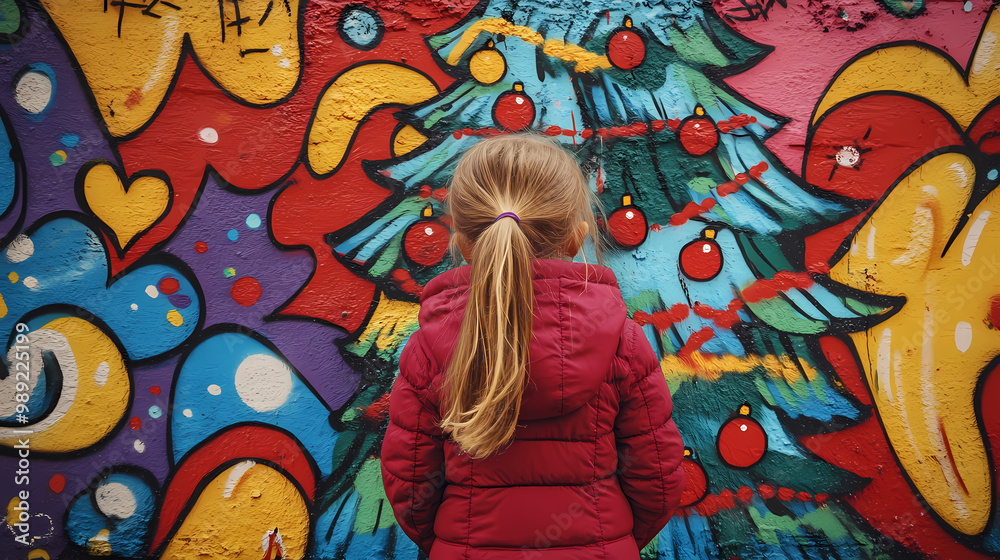 Wall mural little girl observing a mural with pop art abstract graffiti featuring a christmas tree in retro col