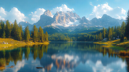 Fototapeta premium Aerial view of Lago Antorno, Dolomites, Lake mountain landscape with Alps peak , Misurina, Cortina 