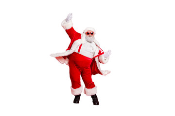 Full length size photo of carefree delightful rejoicing funky holly-jolly moving st nicholas father christmas big belly in suspenders traditional outfit fur trousers sunglass boots isolated background