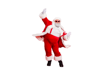 Full length size photo of carefree delightful rejoicing funky holly-jolly moving st nicholas father christmas big belly in suspenders traditional outfit fur trousers sunglass boots isolated background