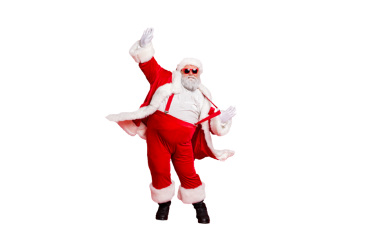 Full length size photo of carefree delightful rejoicing funky holly-jolly moving st nicholas father christmas big belly in suspenders traditional outfit fur trousers sunglass boots isolated background