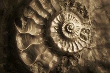 Sepia-Toned Fossilized Ammonite Spiral