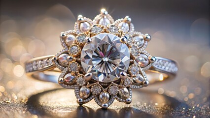 Fototapeta premium Beautiful diamond ring sparkling on a dark glittering background