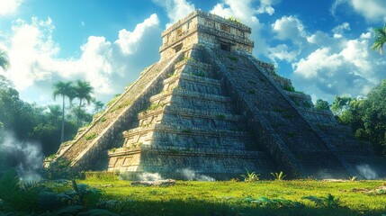 Obraz premium Majestic Mayan pyramid rising above lush jungle foliage under a bright sky.