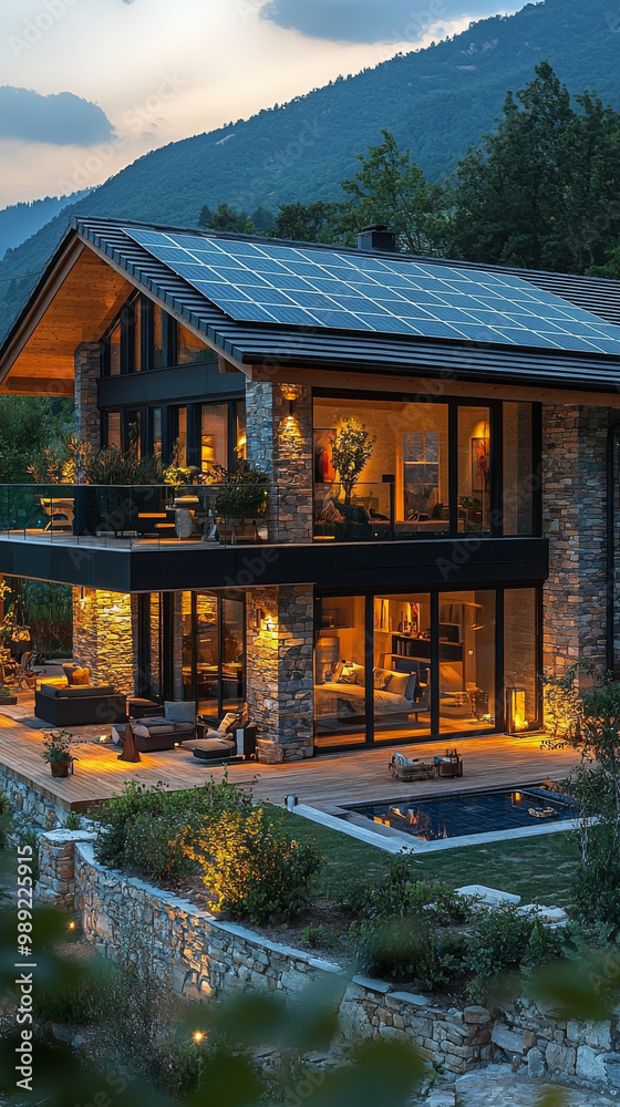 Poster Modern mountain home with solar panels and a pool.