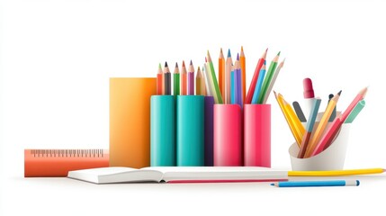 Fototapeta premium Vibrant clip art of colorful school supplies like pencils, rulers, and notebooks, great for educational materials or back-to-school promotions.