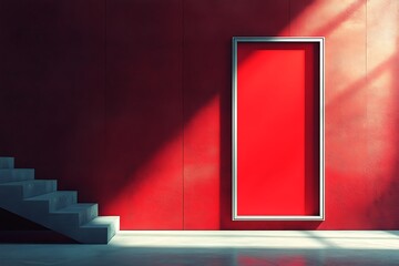 Obraz premium Staircase and rectangular frame on a vibrant red wall with dramatic natural sunlight shadows create a minimalist background for a modern editorial banner.