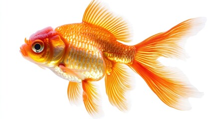 Fototapeta premium A single goldfish swims with its fins extended, isolated on a white background.