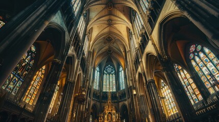 Gothic Cathedral Interior With Stained Glass Windows
