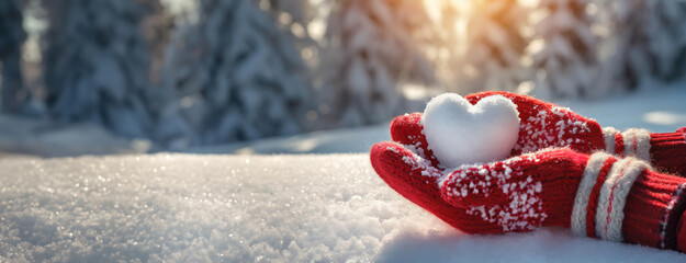 Hands holding a snow heart in red mittens in a snow covered forest. Valentines day background.