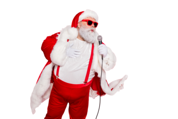 Portrait of charming fat overweaight santa claus with big belly hold microphone sing wear style stylish trendy eyewear eyeglasses hat cap isolated over red background