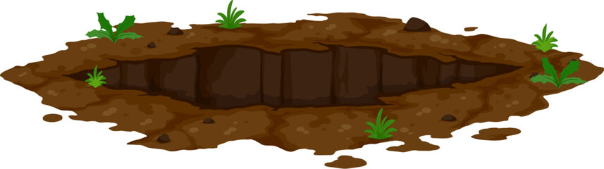 Ground hole or dip pit burrow in earth soil with grass and dirty stones on edges, cartoon vector. Dig pit hole hollow or underground burrow of groundhog or mole in garden or forest ground soil