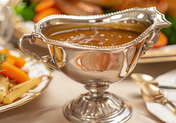 Silver Gravy Boat with Thanksgiving Dinner Setting