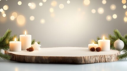 A charming rustic Christmas backdrop with wooden logs, softly lit candles, and festive pine garlands, creating a cozy and inviting holiday atmosphere.