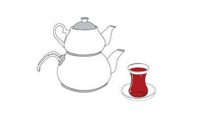teapot and Black tea in glass tea cup vetor illustration. Turkish authentic traditional black tea in a classic turkish glass and kettle. tea set. line art style