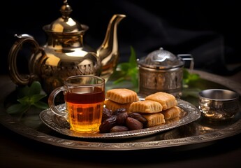 Fototapeta premium Arabic Tea & Dates on Silver Tray
