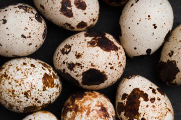 Close up view of quail eggs . Diet concept