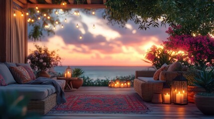 Fototapeta premium rustic outdoor lounge with wicker furniture lanterns and potted plants warm sunset glow cozy blankets and string lights create an inviting ambiance