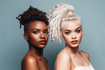 Fototapeta premium Multiethnic beauty portrait of two mixed race fashion women with creative hairstyles and makeup on blue background, different nation, multiracial friends concept