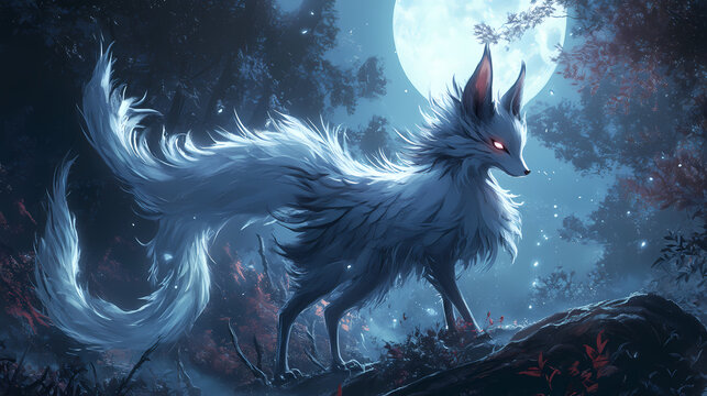 Mysterious kitsune with multiple tails, standing in a moonlit forest, symbolizing wisdom and trickery. Kitsune. Illustration