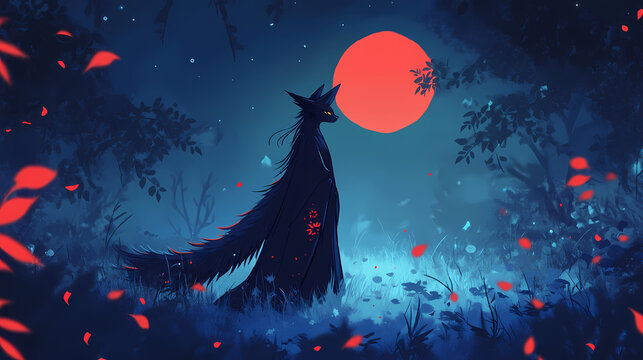 Mysterious kitsune with multiple tails, standing in a moonlit forest, symbolizing wisdom and trickery. Kitsune. Illustration