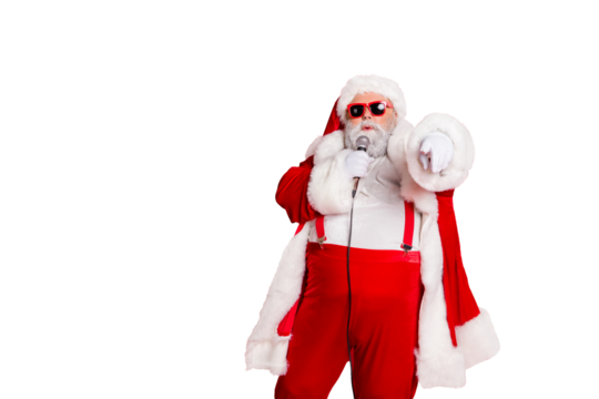Portrait of fat overweight real pop star hipster santa claus with big abdomen broadcast sing songs wear style stylish trendy eyewear eyeglasses hat headwear isolated over yellow background