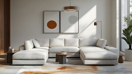 Cozy and inviting modern living room with a large comfortable sectional sofa minimalist stylish decor pops of vibrant color plush furnishings