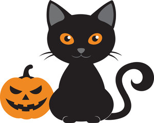 Scary jack-o'-lanterns and A black cat with big eyes for Halloween