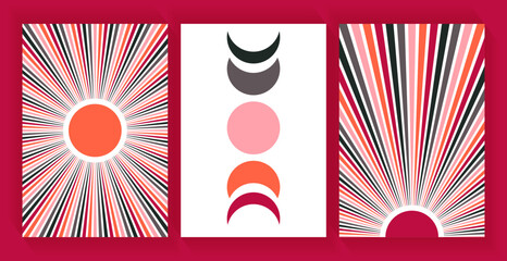 Sun with long beam rays, moon phases vector illustration. Contemporary sun ans moon landscape cards set.