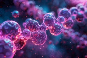 Neon abstract science background with interconnected cells and spheres in blue and purple